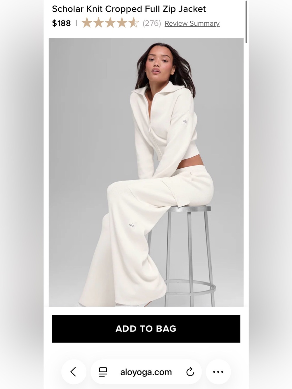 ALO Scholar Knit Cropped Full Zip Jacket IVORY Sz. XS $188 RETAIL - Picture 9 of 9